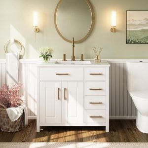 A Bathroom Counter with white mirror and white counter